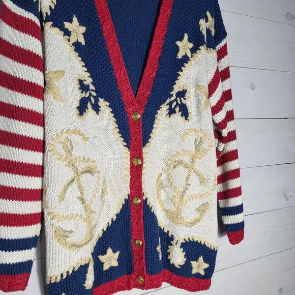 Women's Vintage Cardigan Sweater Knit Stars Stripe Coastal Nautical - Picture 3 of 6